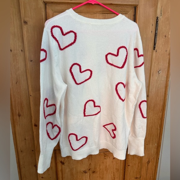 Loft White Crewneck W/Pink Hearts Very Soft & Cozy Romantic Feminine Suze XL - Picture 2 of 9